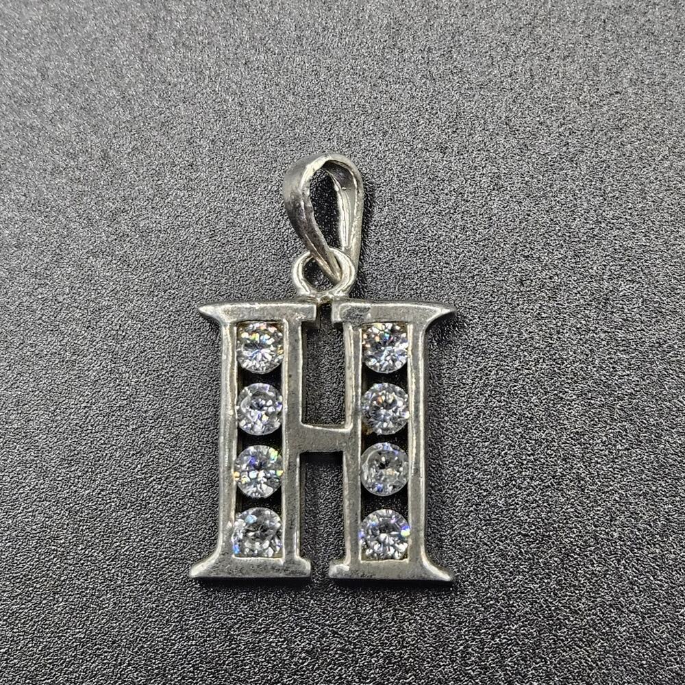 925 Sterling Silver Letter H Initial Pendant Clear CZ Stones 3.51g